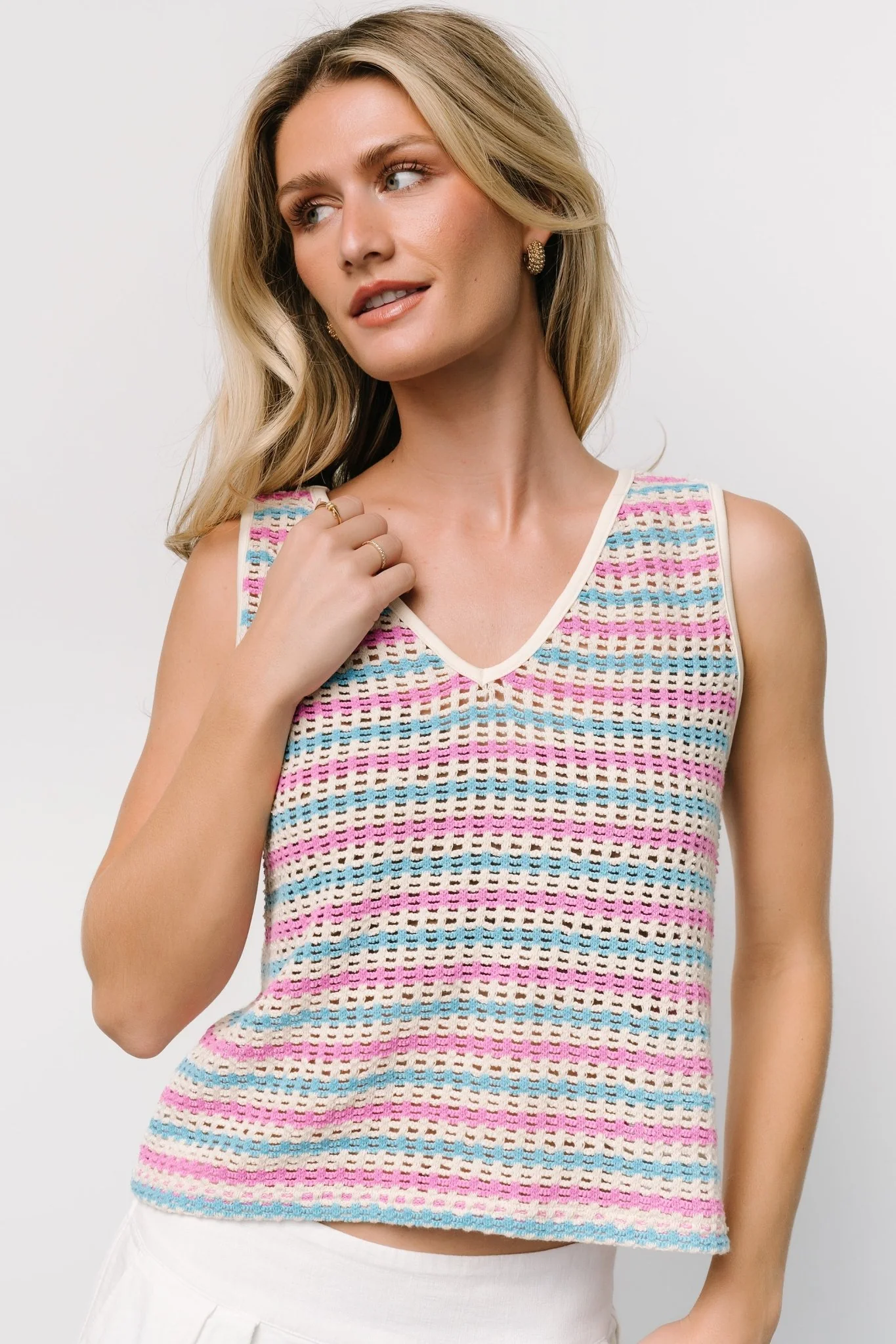Mirella Open Knit Top | Blue + Pink Stripe