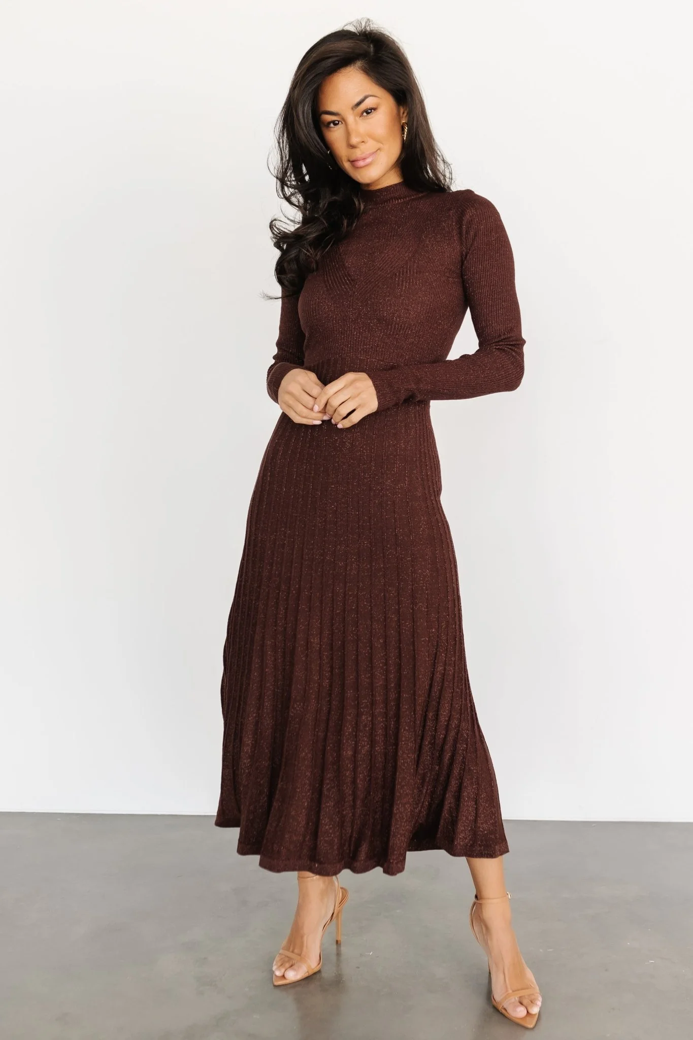 Jamelia Pleated Sweater Dress | Brown + Gold