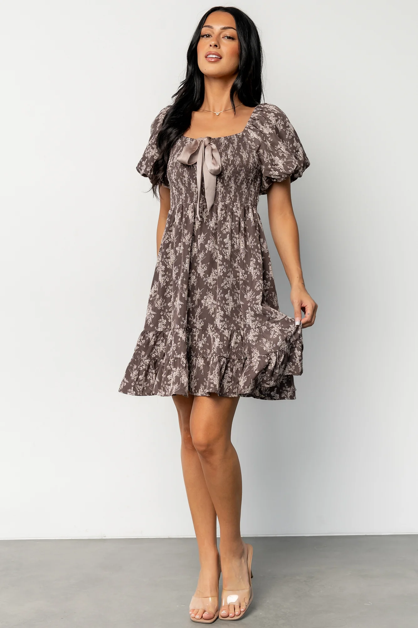 Anastasia Bow Short Dress | Dusty Clove Print