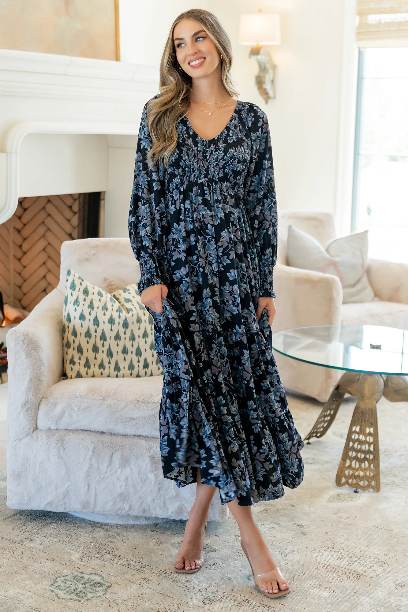 Rayna Smocked Dress | Midnight + Blue Floral