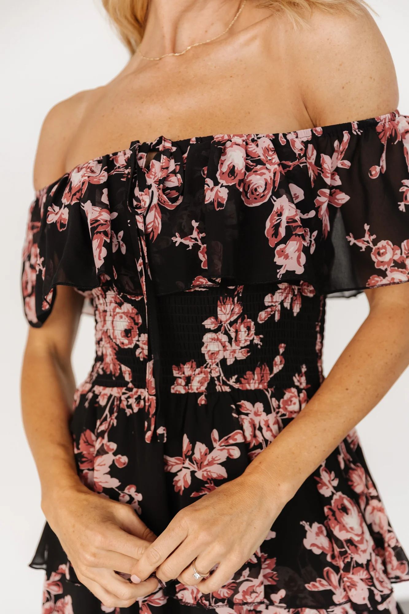 Carina Off Shoulder Maxi Dress | Black + Mauve Floral