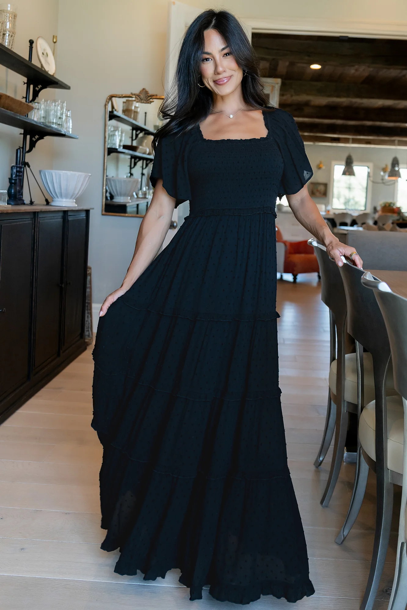 Lenora Smocked Dotted Maxi Dress | Black