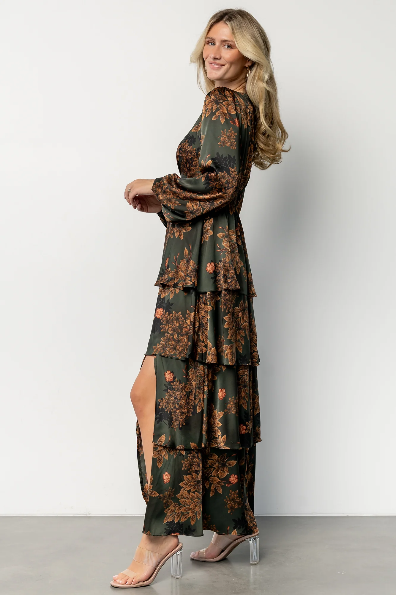 Montrouge Tiered Satin Dress | Olive Floral