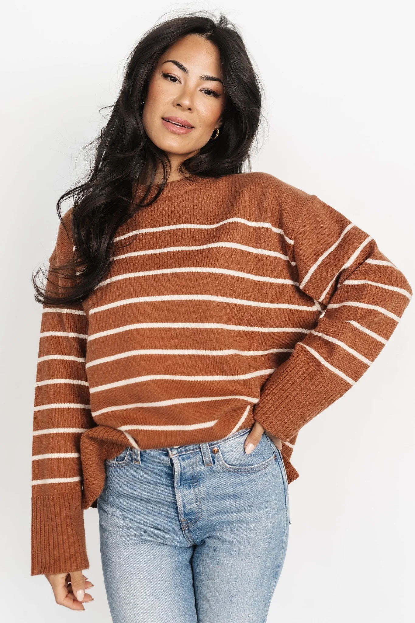Emerson Stripe Knit Sweater | Dark Camel + Ivory
