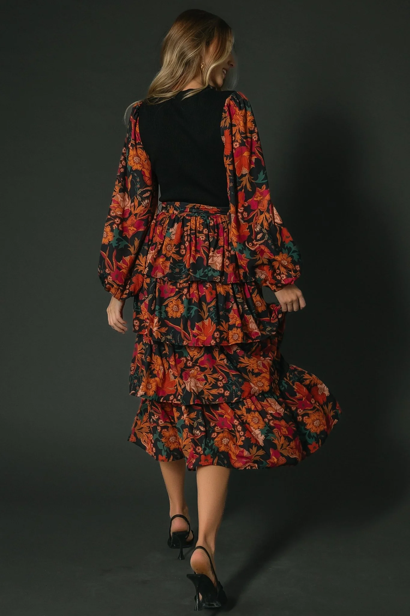 Sylvie Tiered Midi Dress | Black Multi