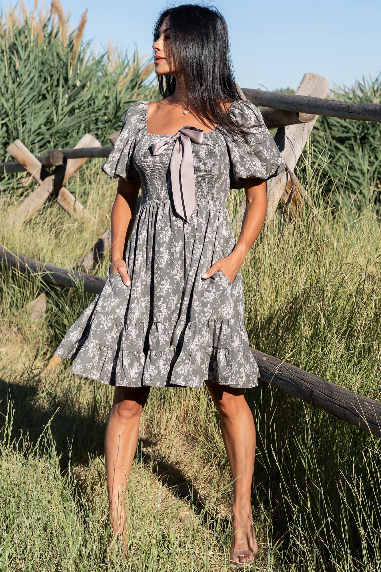 Anastasia Bow Short Dress | Dusty Olive Print