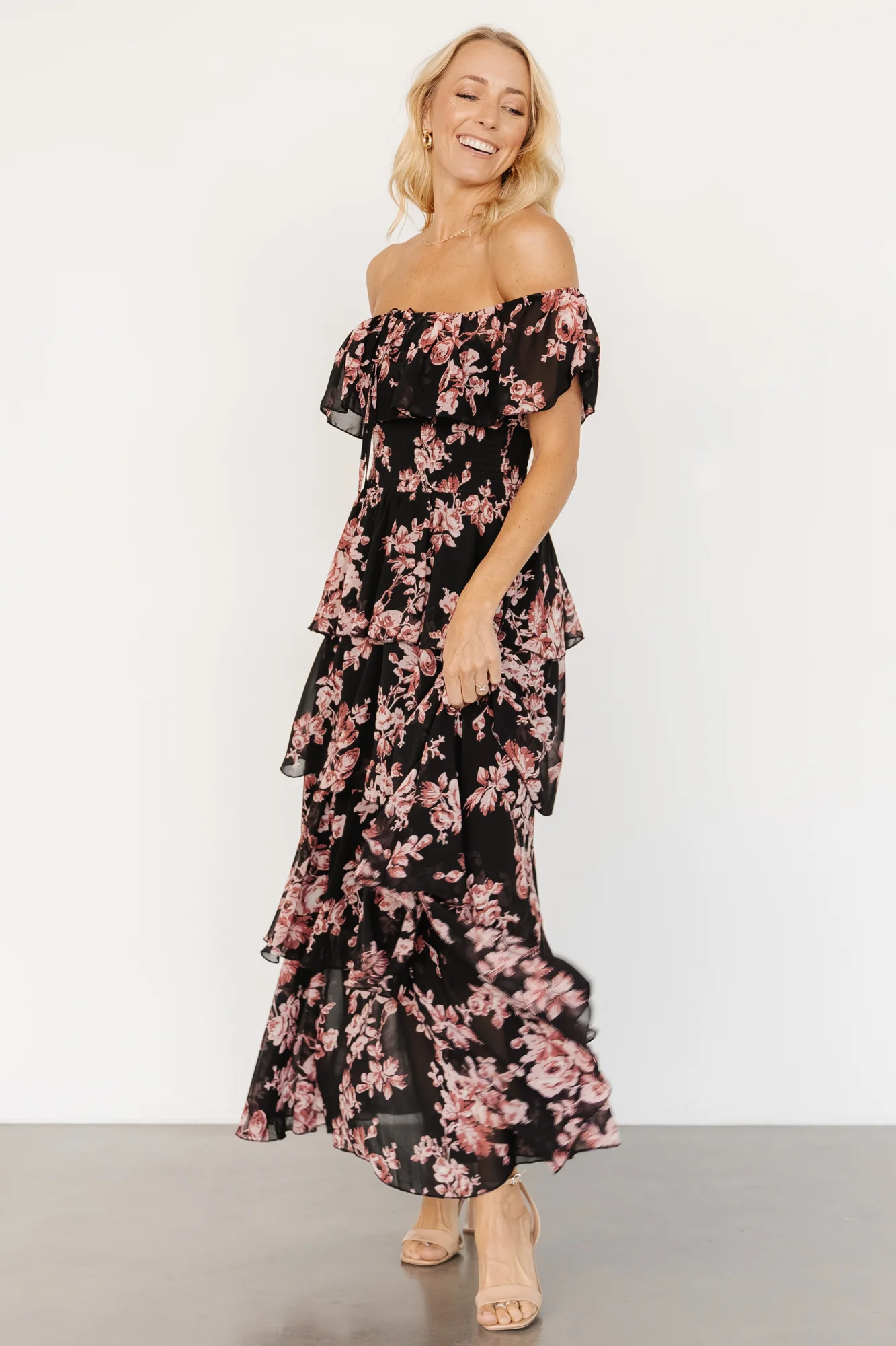 Carina Off Shoulder Maxi Dress | Black + Mauve Floral