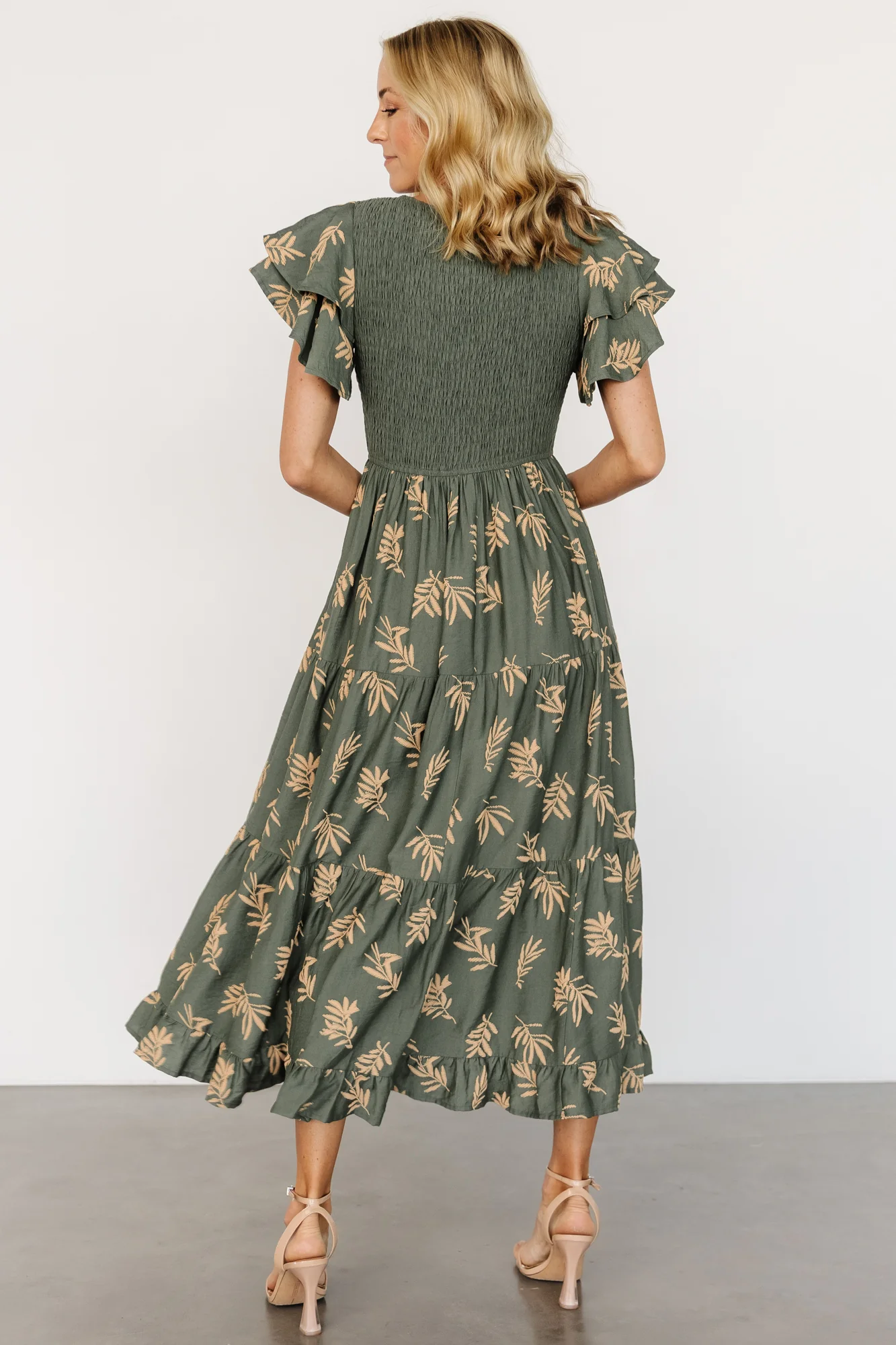 Estelle Smocked Midi Dress | Green + Tan Print