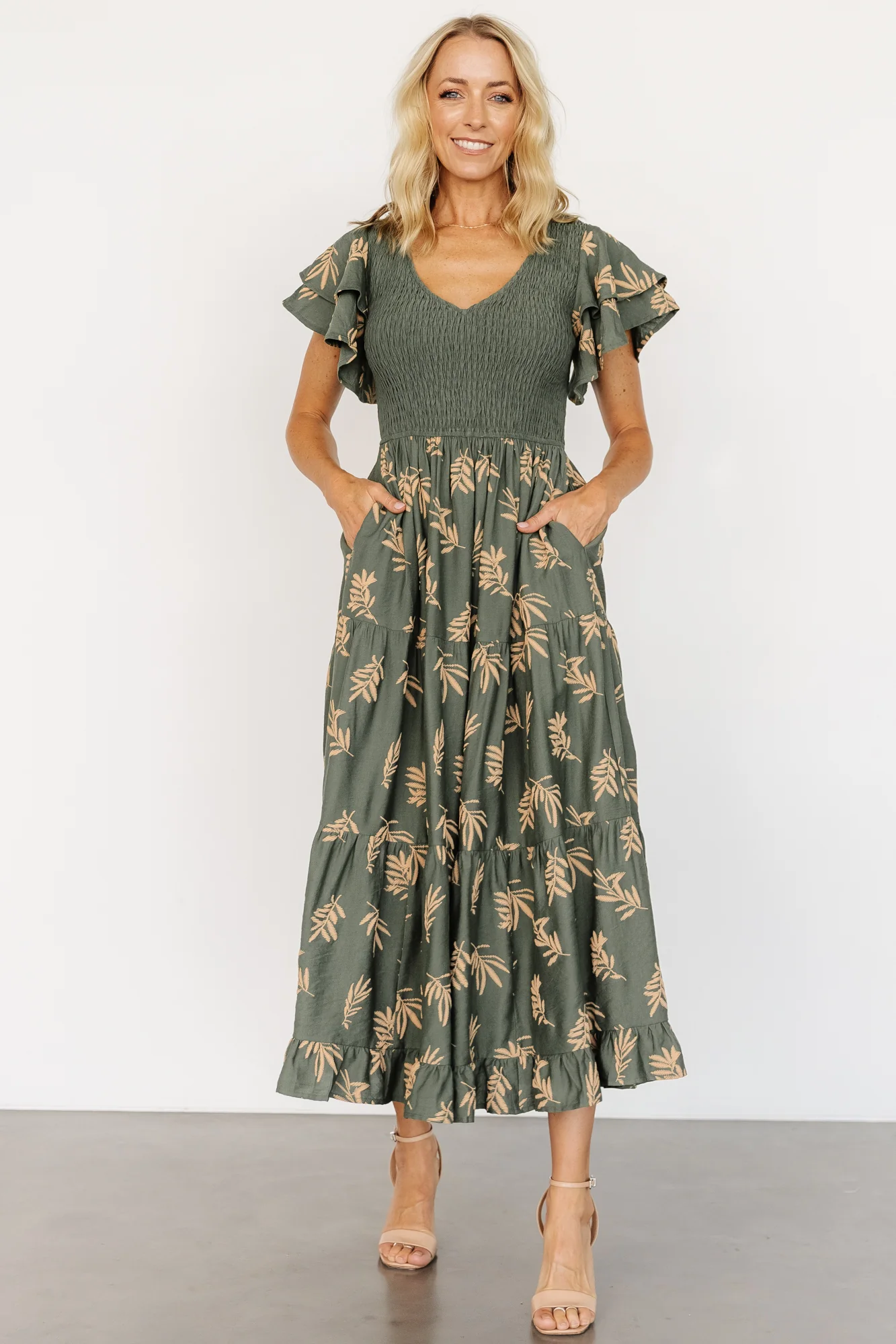 Estelle Smocked Midi Dress | Green + Tan Print