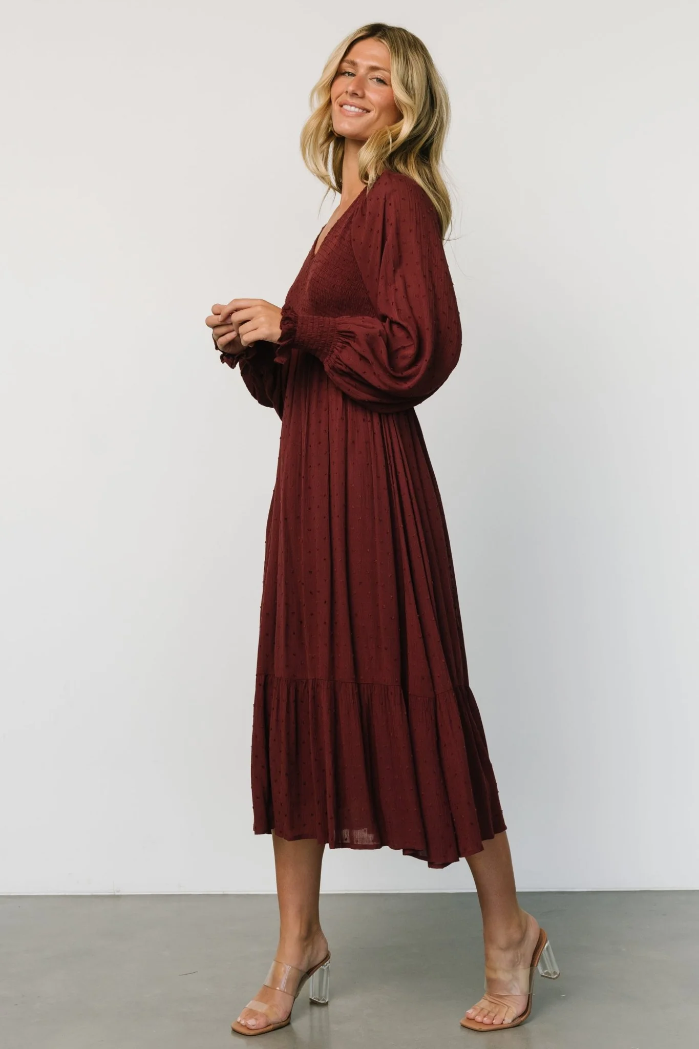 Lainey Smocked Dotted Midi Dress | Mulberry