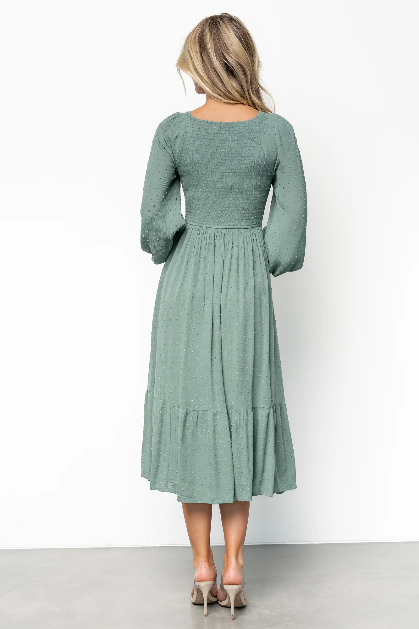 Lainey Smocked Dotted Midi Dress | Dark Sage