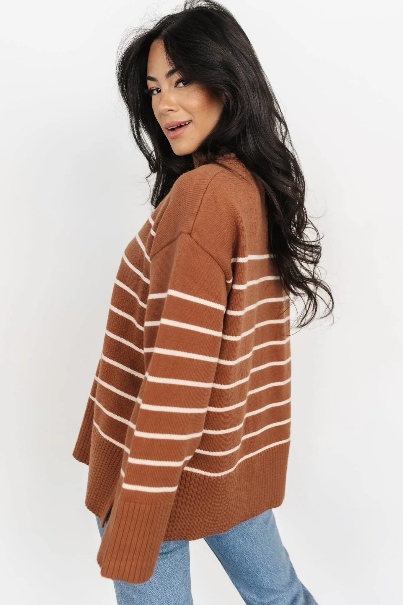 Emerson Stripe Knit Sweater | Dark Camel + Ivory