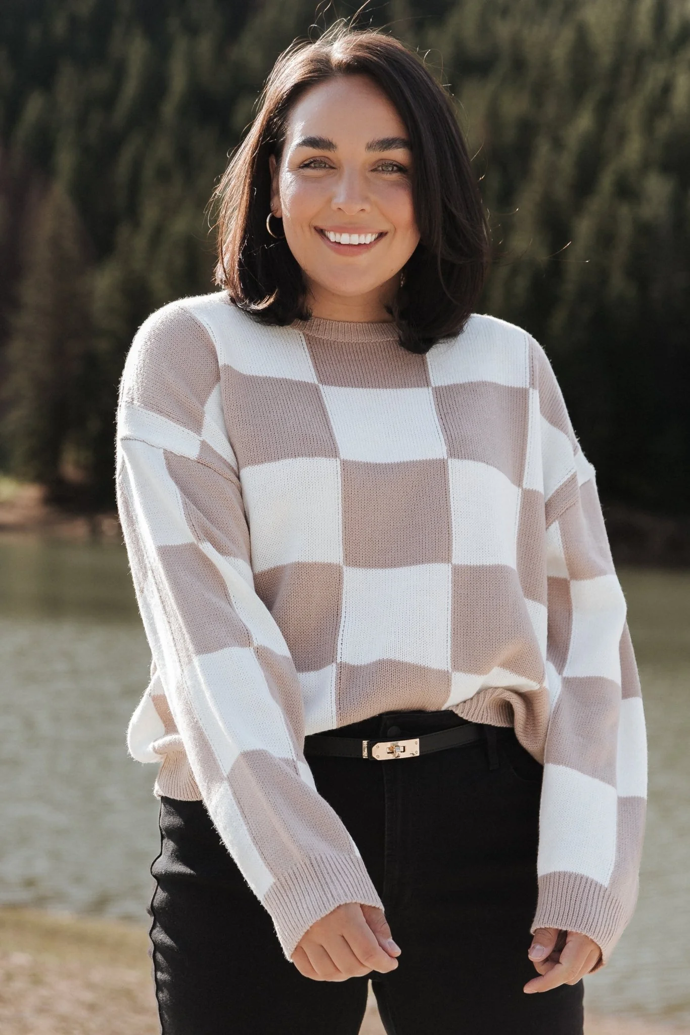 Bella Checkered Sweater | Taupe