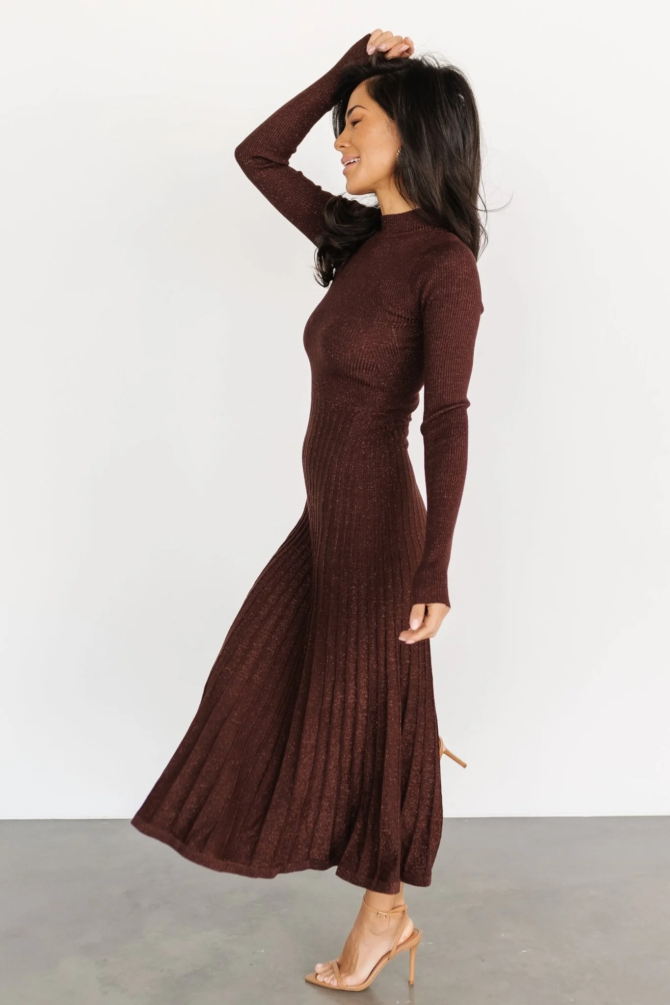 Jamelia Pleated Sweater Dress | Brown + Gold