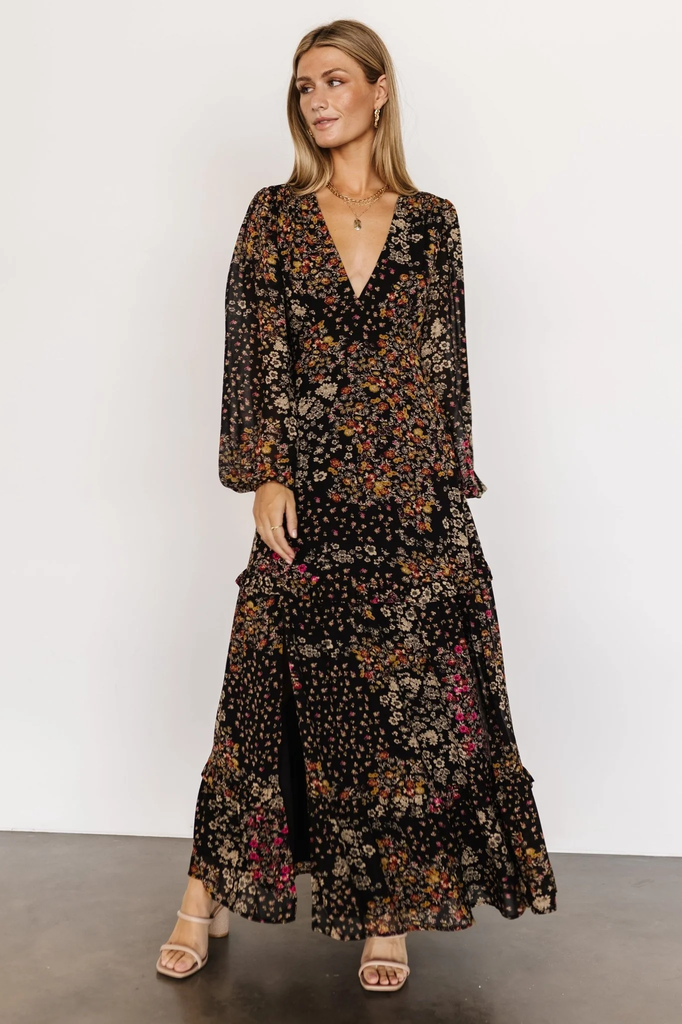 Bowman Deep V Maxi Dress | Black Multi