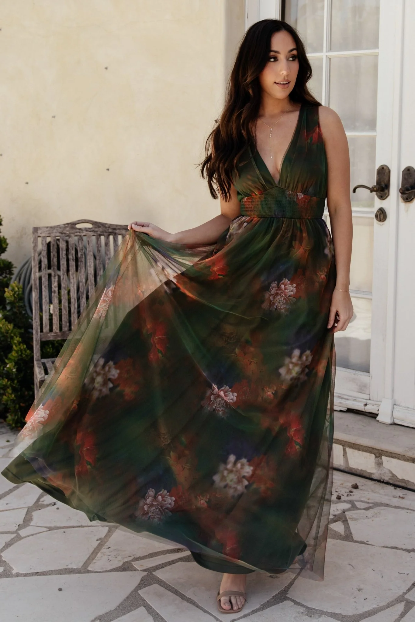 Kamila Tulle Maxi Dress | Olive Multi Floral