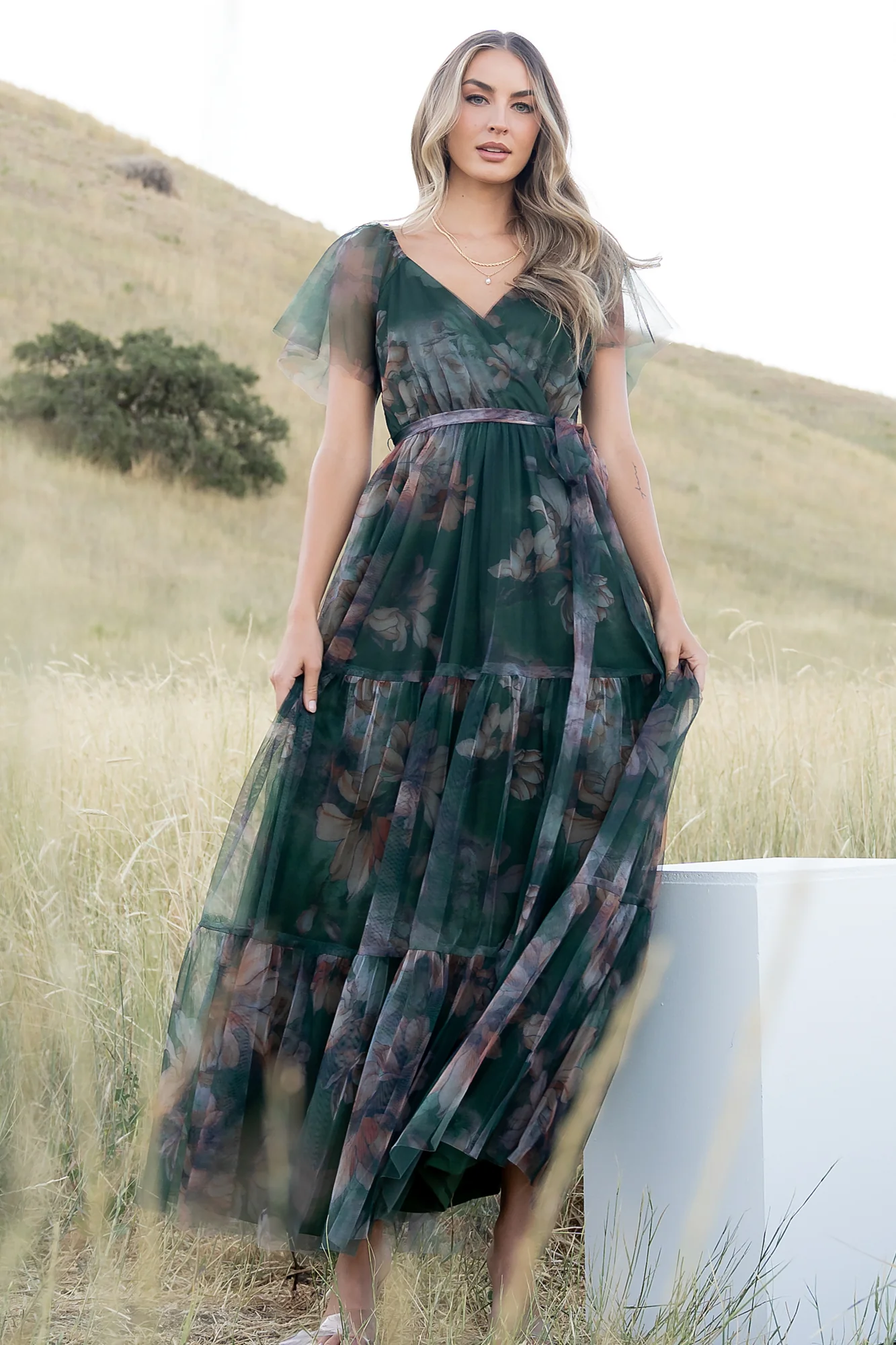 Nicola Tulle Maxi Dress | Deep Green Floral