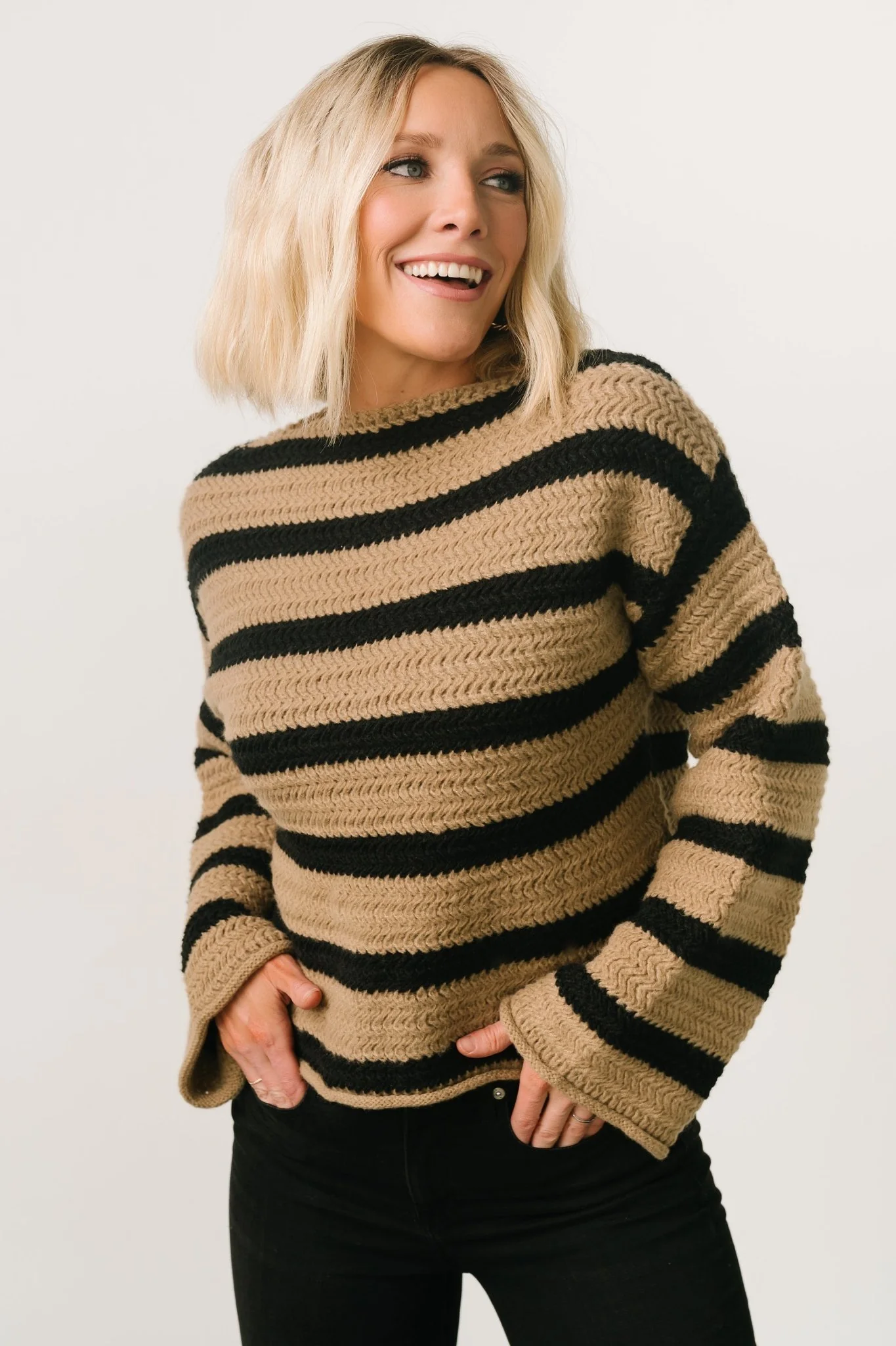 Robbie Striped Knit Sweater | Black + Camel