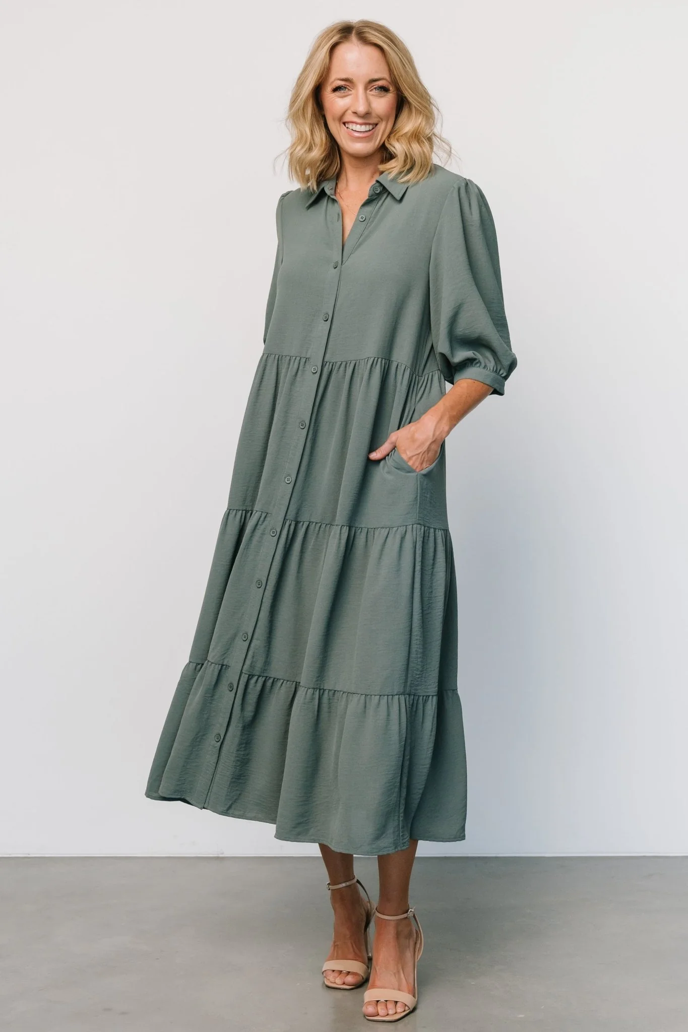 Sandy Button Tiered Dress | Jade