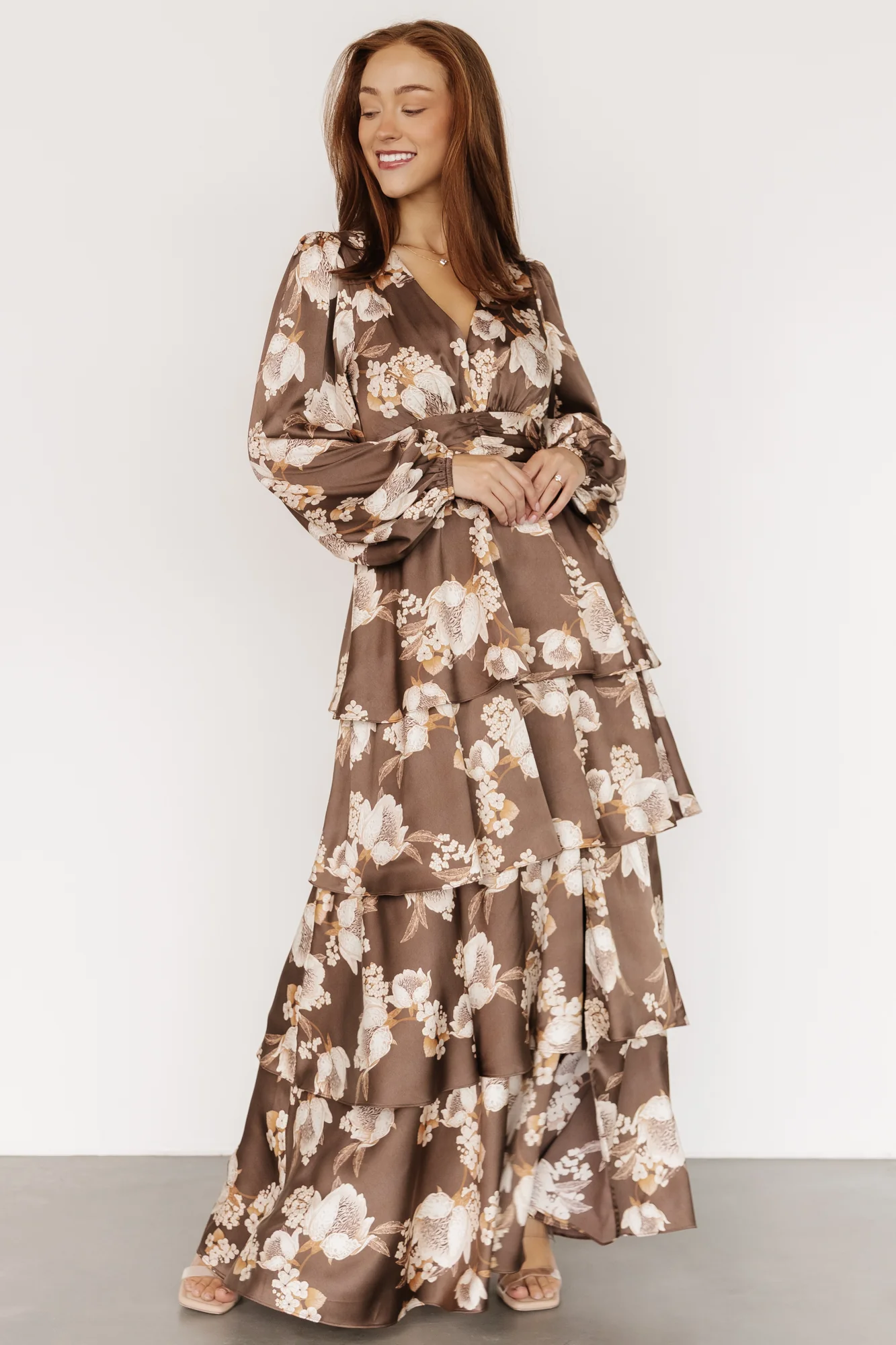Montrouge Tiered Satin Dress | Mocha Floral