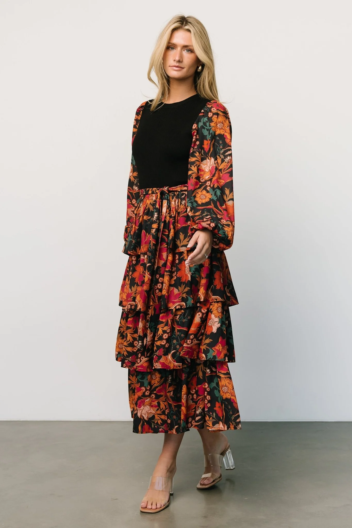 Sylvie Tiered Midi Dress | Black Multi