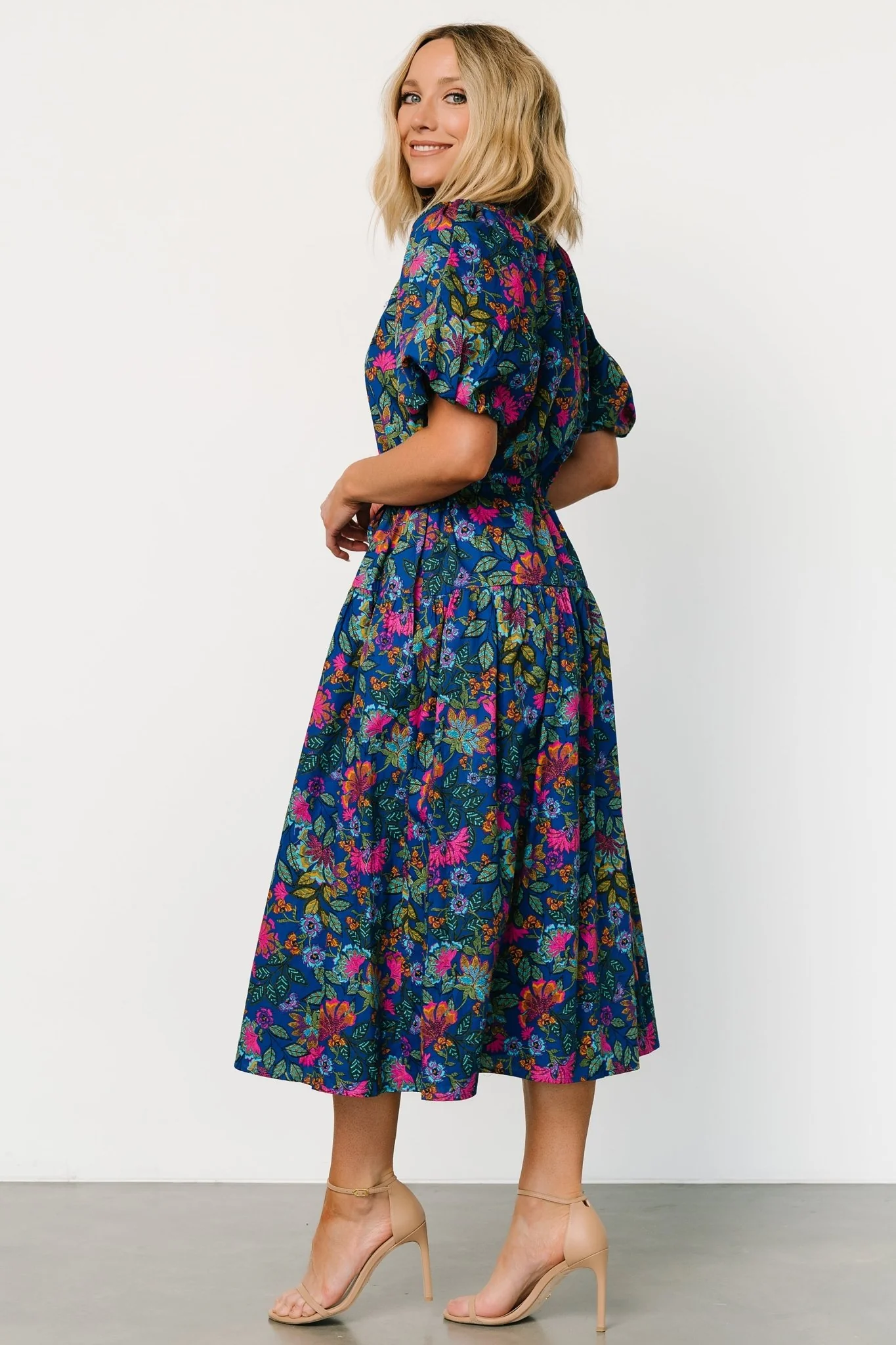 Karol Puff Sleeve Midi Dress | Blue Multi