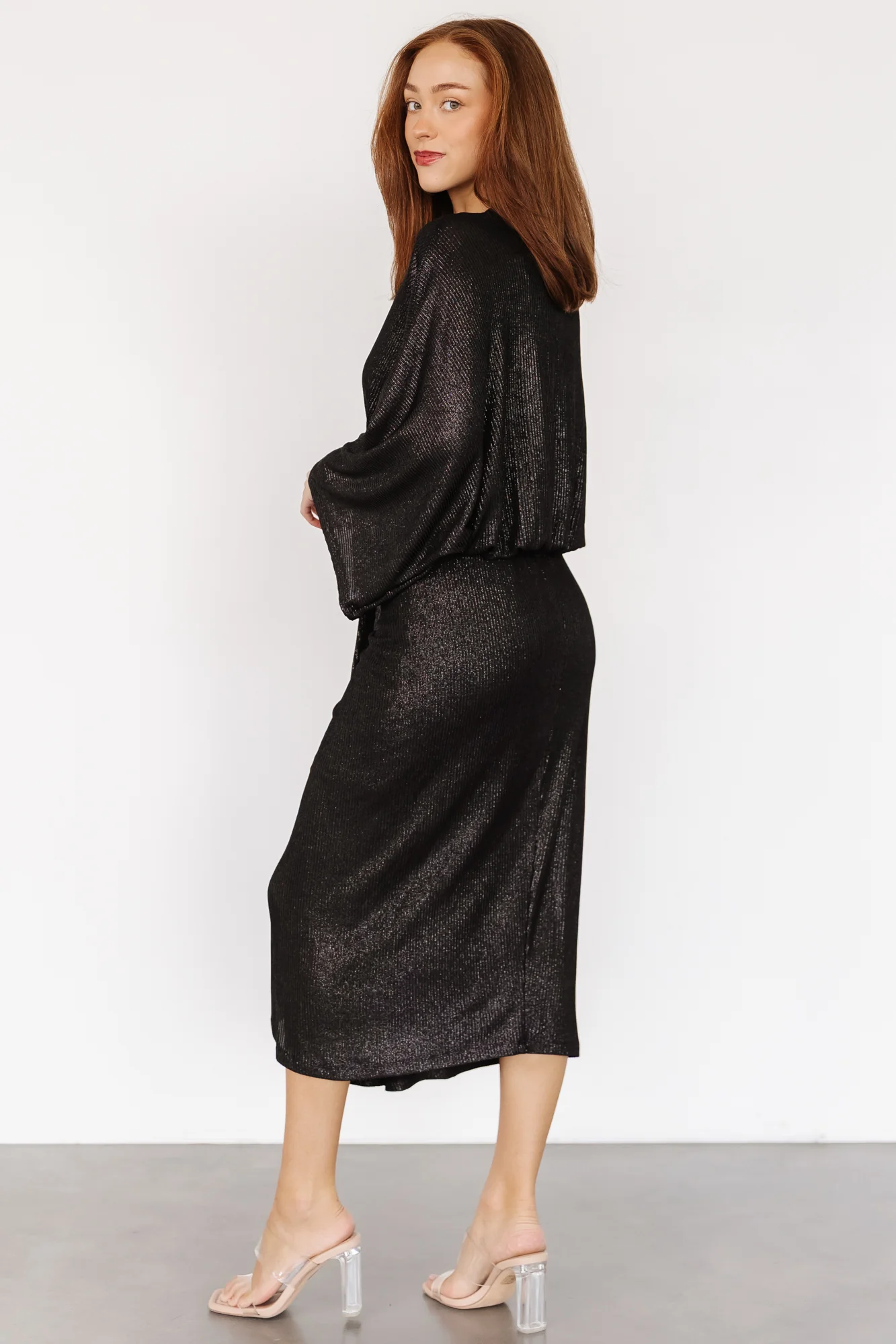 Ciara Ruched Midi Dress | Black Metallic