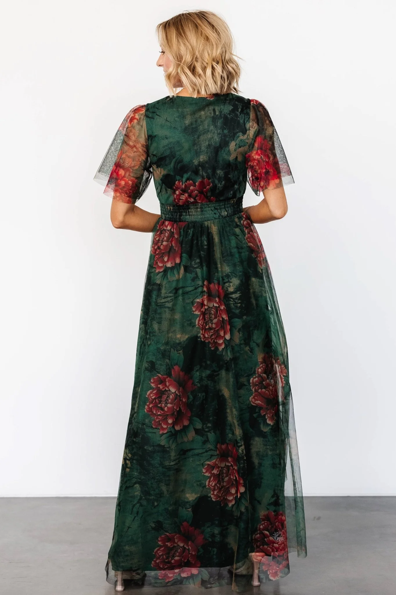 Cressida Tulle Maxi Dress | Dark Green + Red Floral