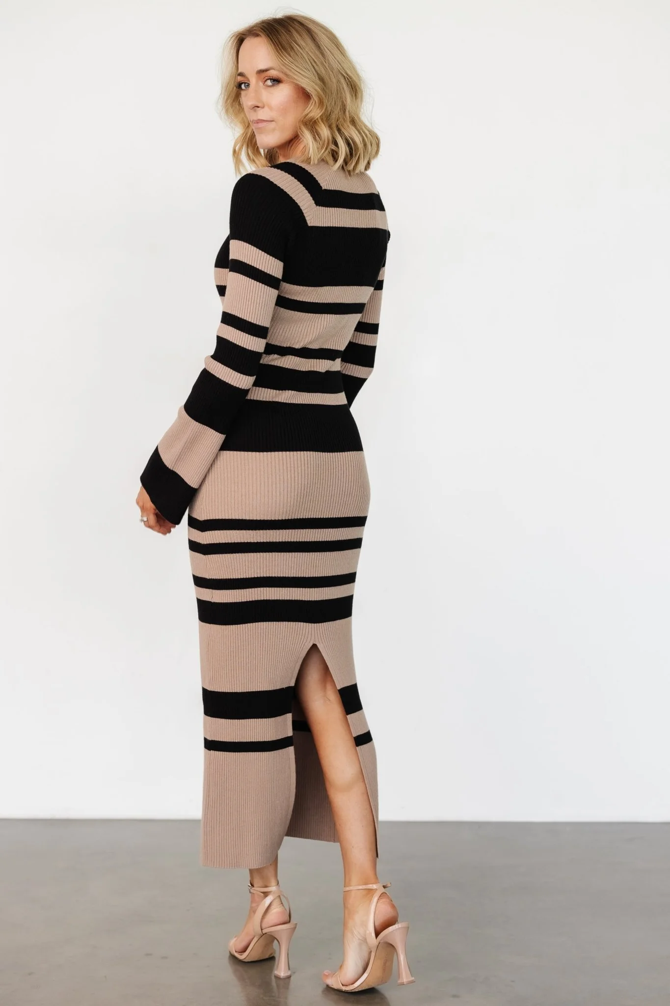 Marika Ribbed Dress | Camel + Black Stripe