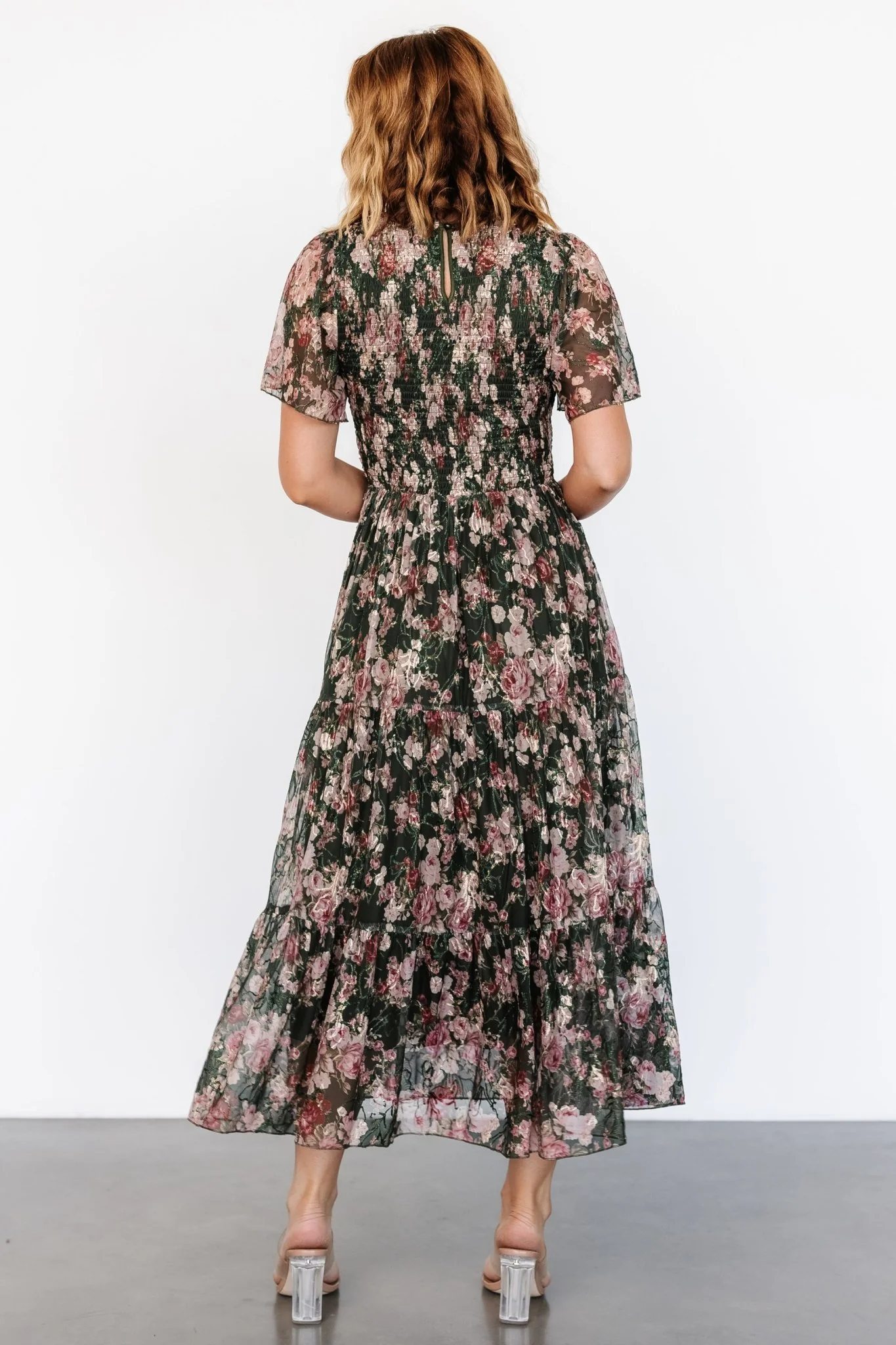 Mara Embroidered Tulle Dress | Dark Green + Blush Floral