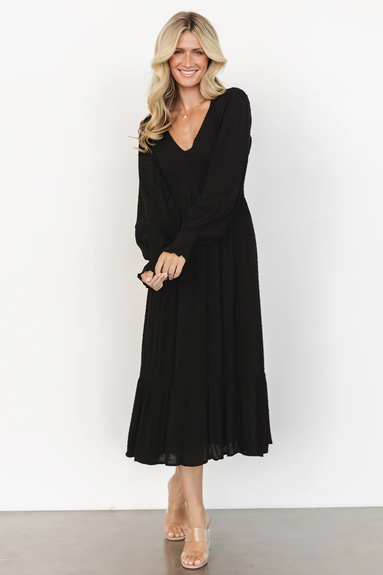 Lainey Smocked Dotted Midi Dress | Black