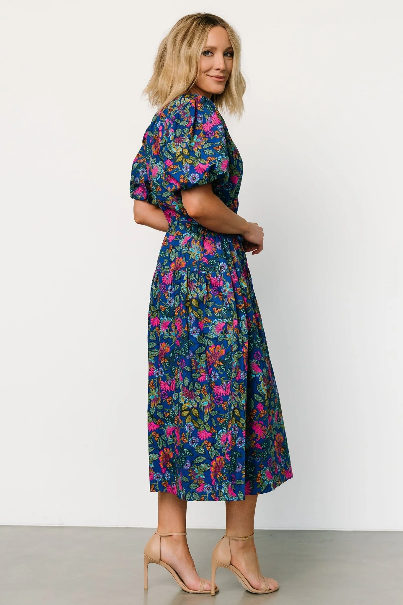 Karol Puff Sleeve Midi Dress | Blue Multi