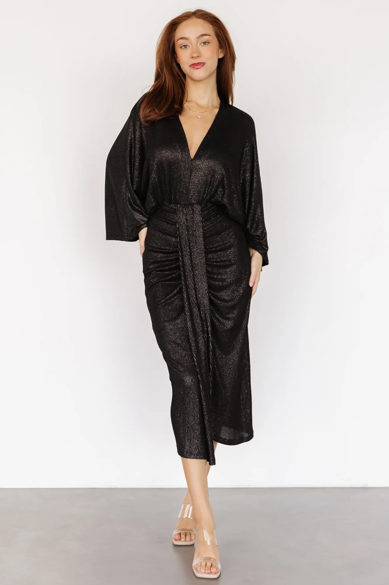 Ciara Ruched Midi Dress | Black Metallic