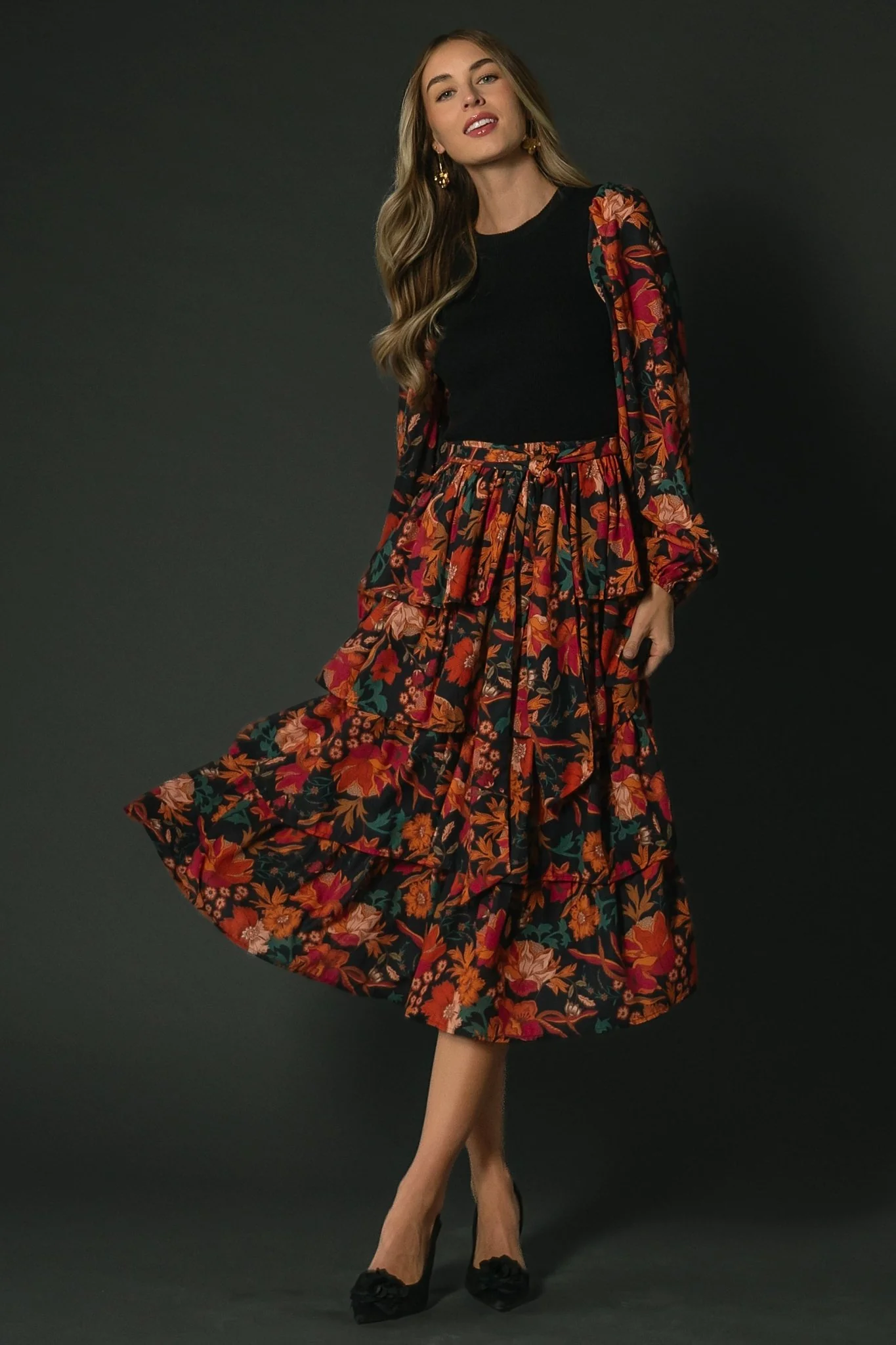 Sylvie Tiered Midi Dress | Black Multi