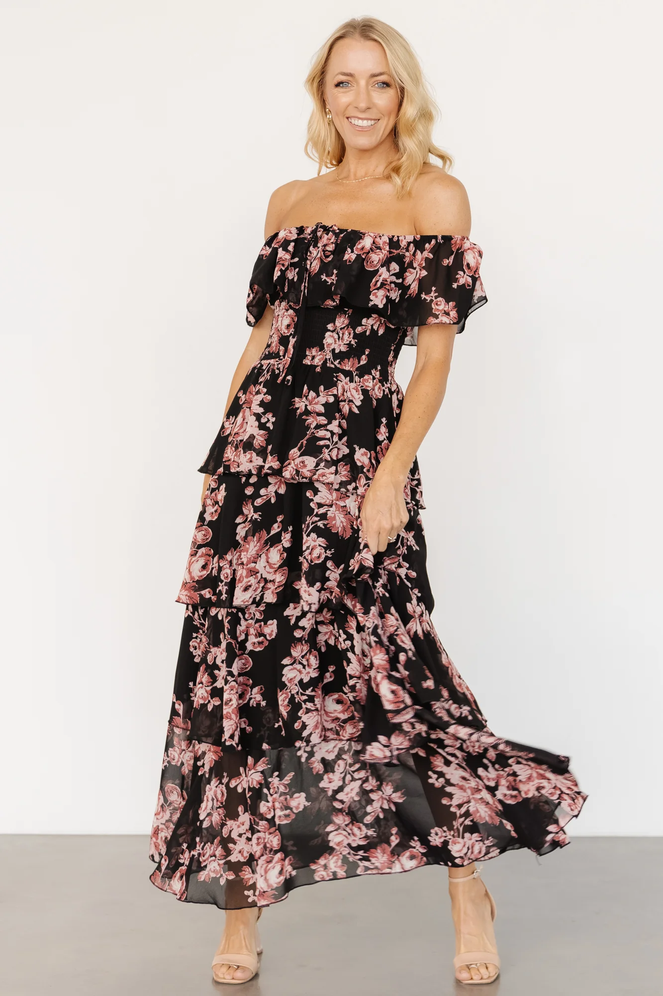 Carina Off Shoulder Maxi Dress | Black + Mauve Floral