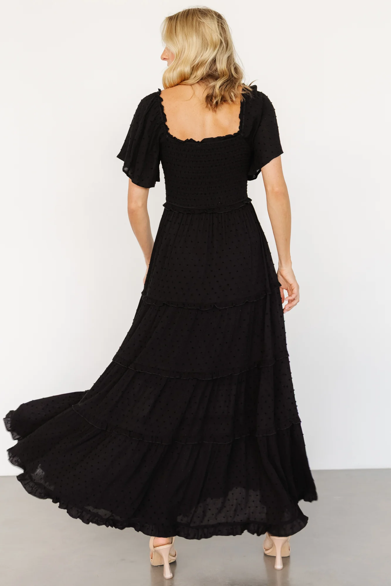 Lenora Smocked Dotted Maxi Dress | Black