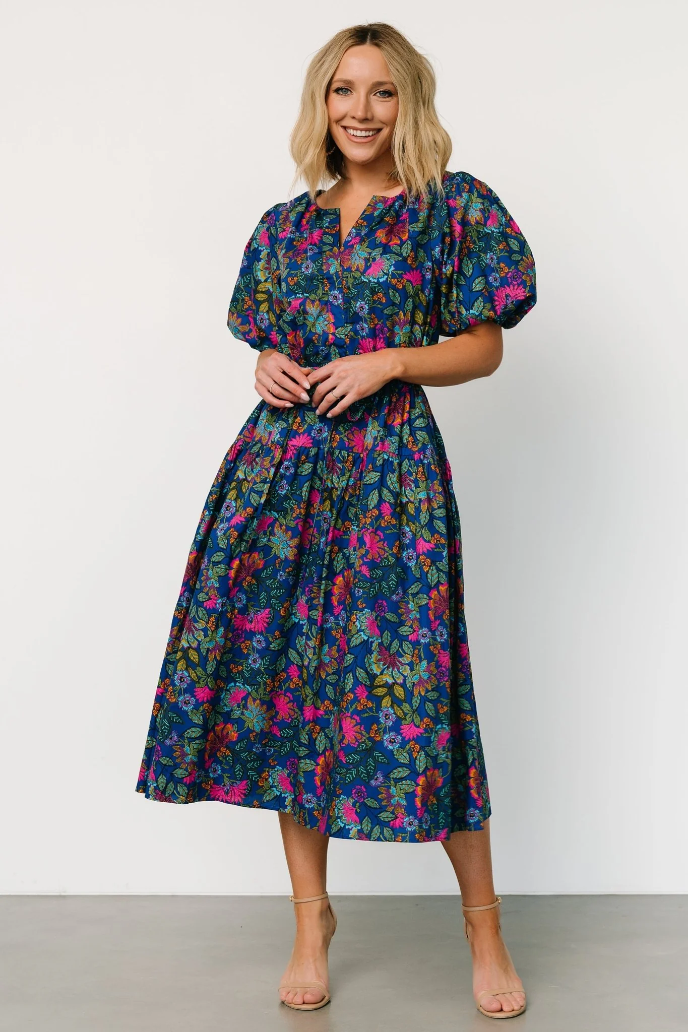 Karol Puff Sleeve Midi Dress | Blue Multi