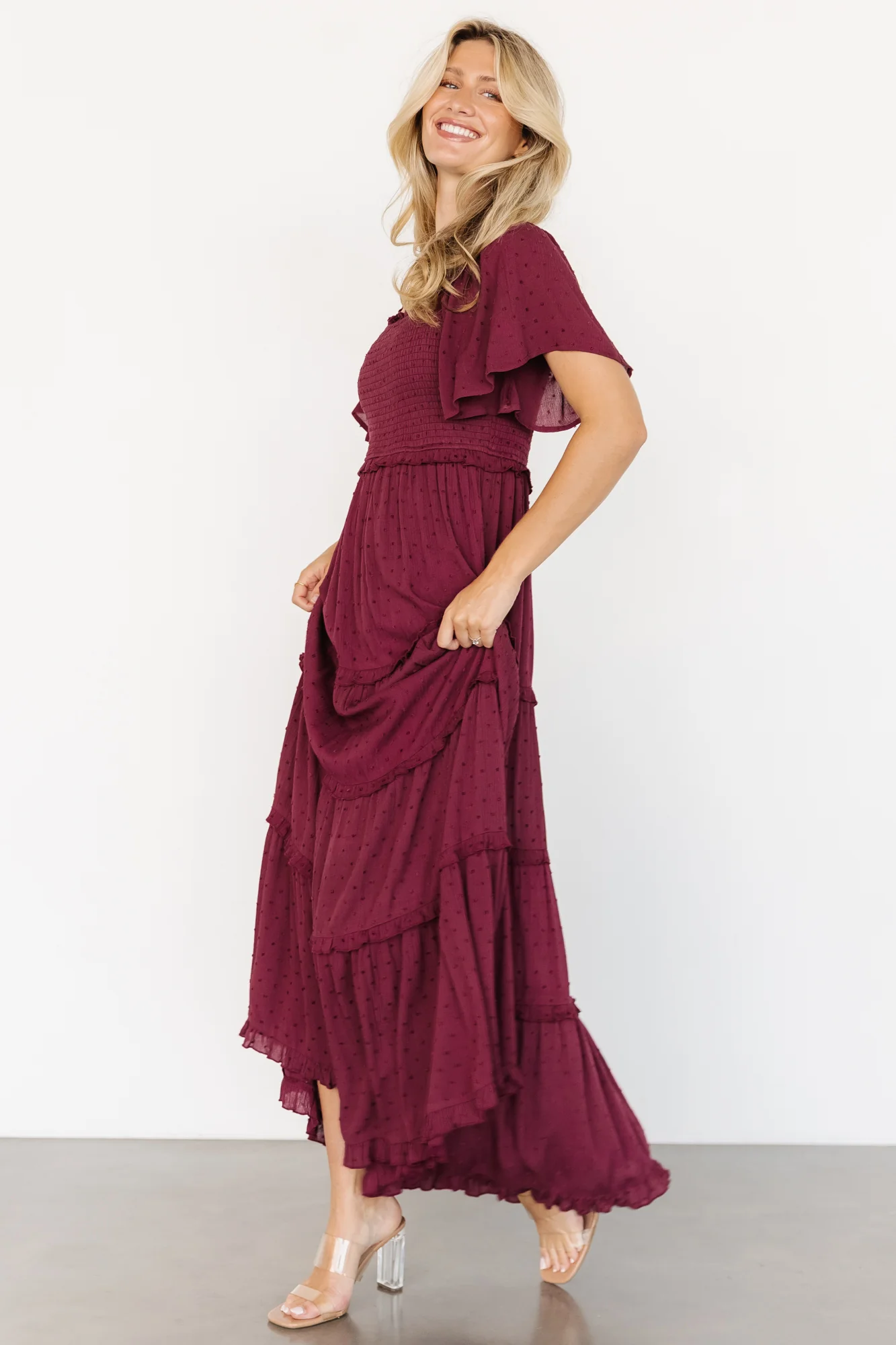 Lenora Smocked Dotted Maxi Dress | Wine