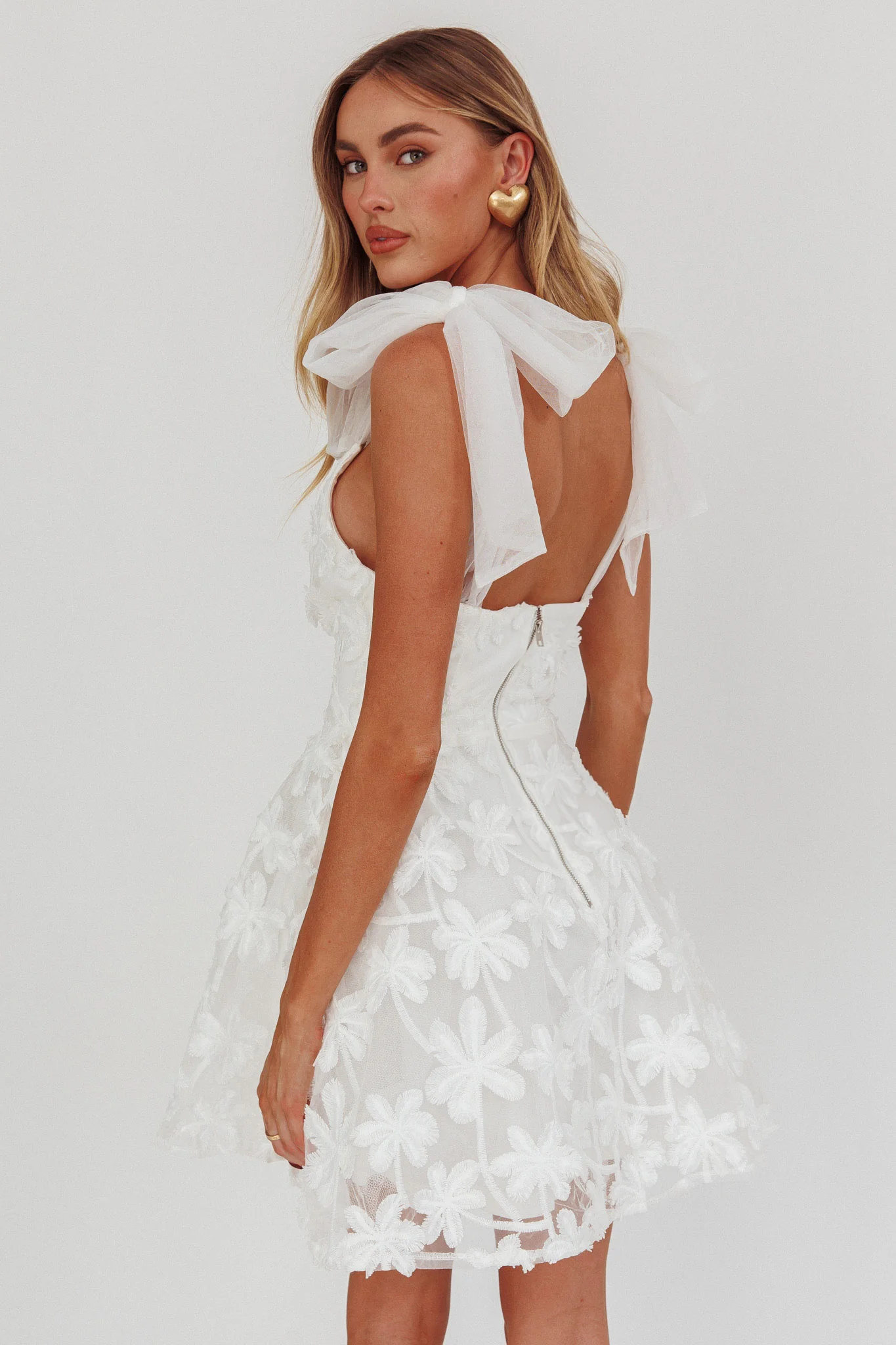 Mykonos Morning Tied Shoulder Mini Dress Embroidered Palm White