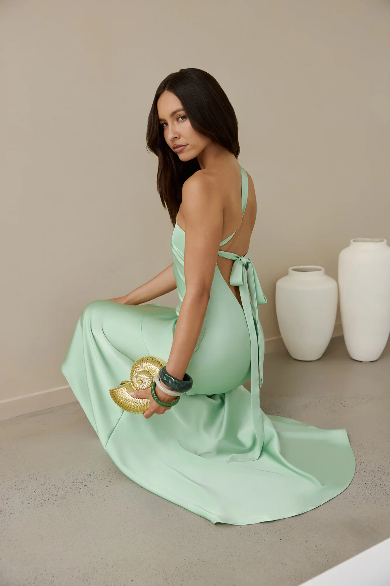 Champagne Chat One Shoulder Maxi Dress Green