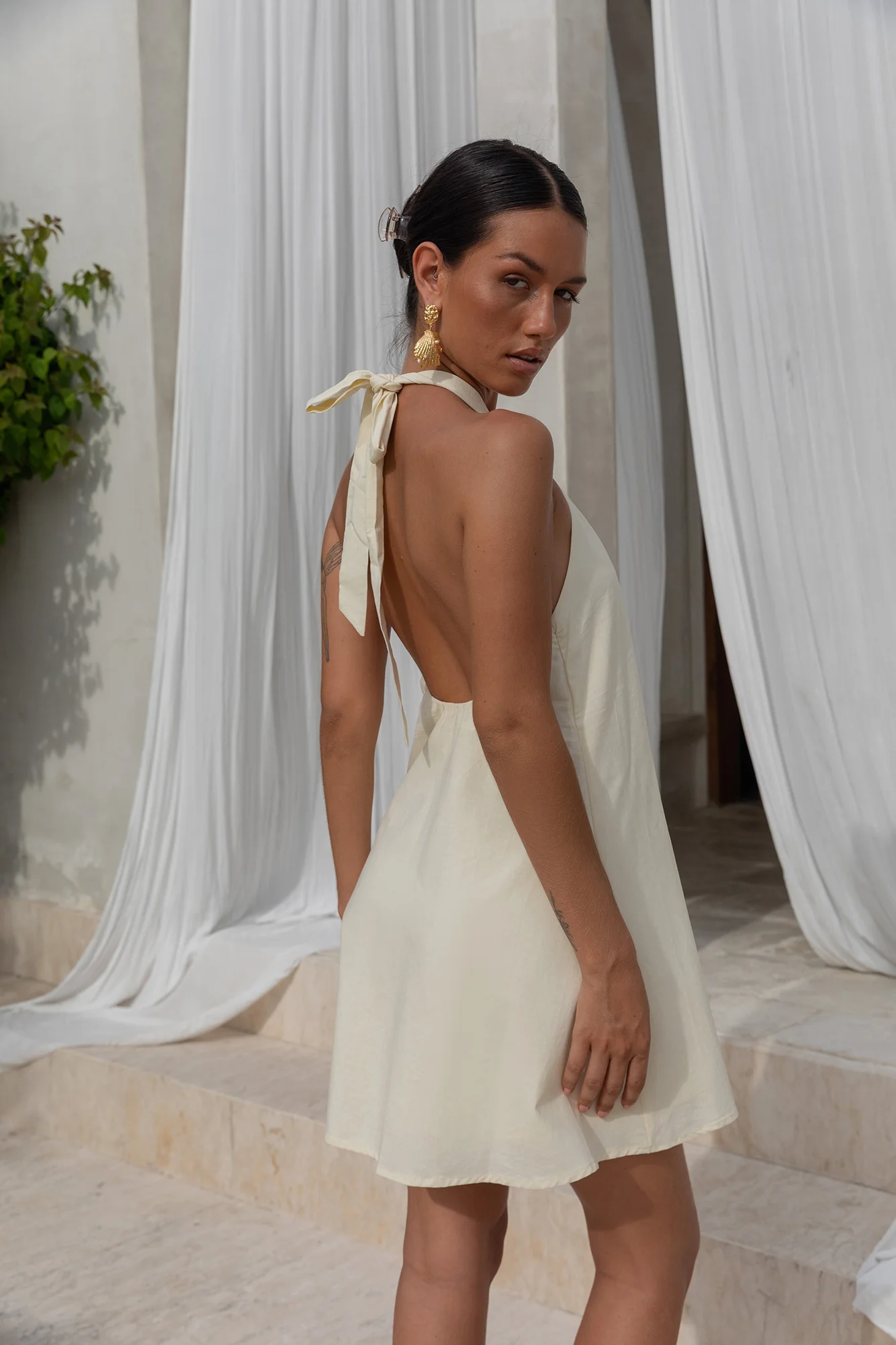 Coconut Sips Halter Mini Dress Yellow