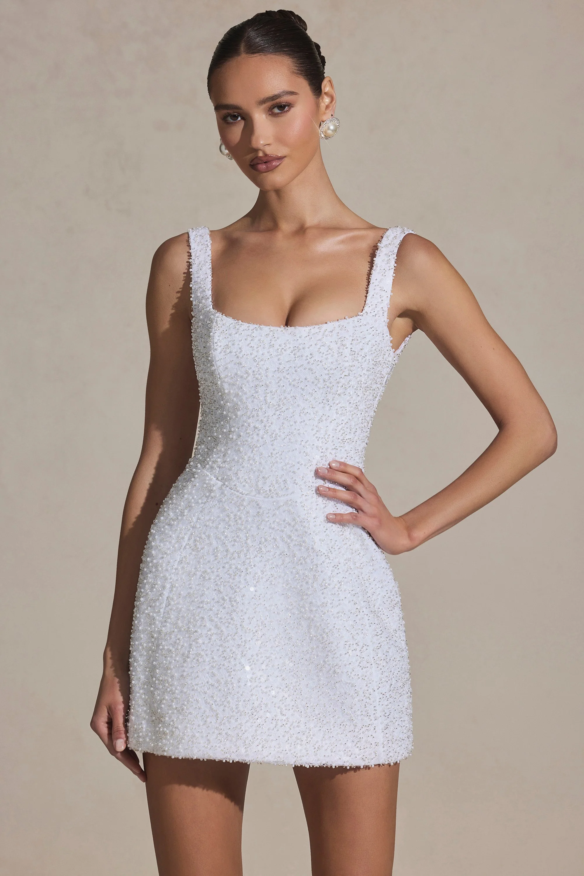 Embellished Structured A-Line Mini Dress in White