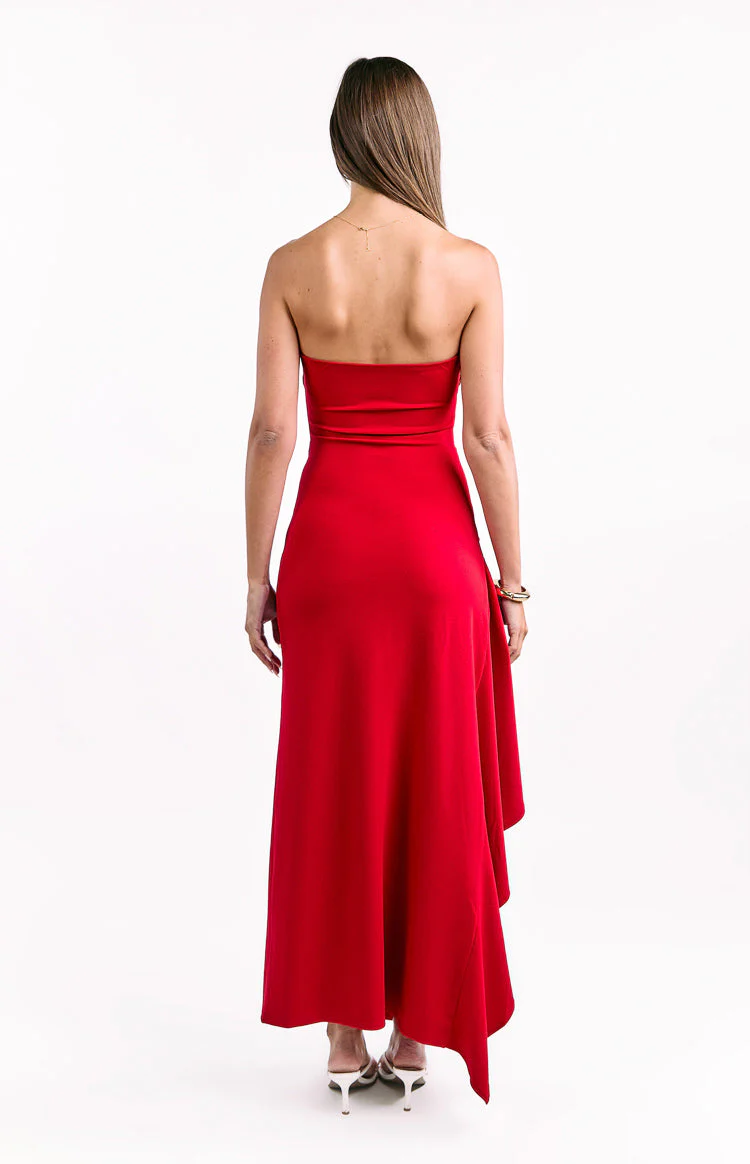 Merlo Red Crepe Strapless Formal Maxi Dress