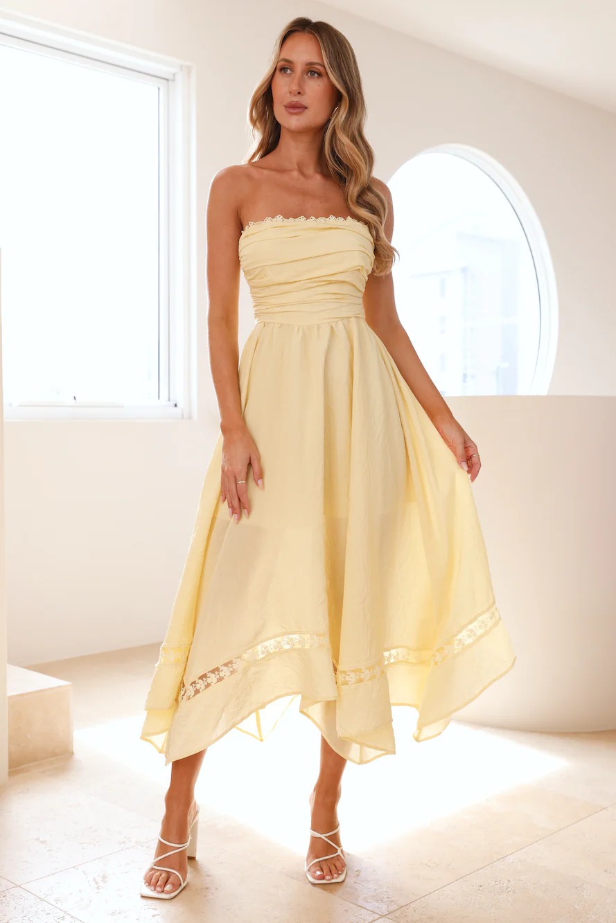 Visit The Moon Strapless Midi Dress Yellow