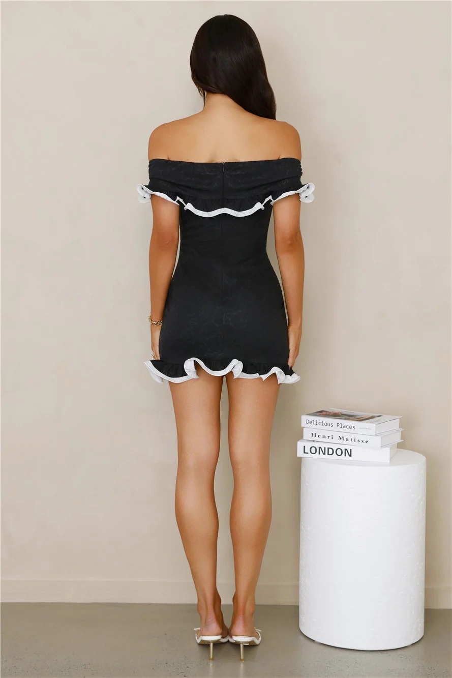 Glimmering Noir Off Shoulder Lace Mini Dress Black