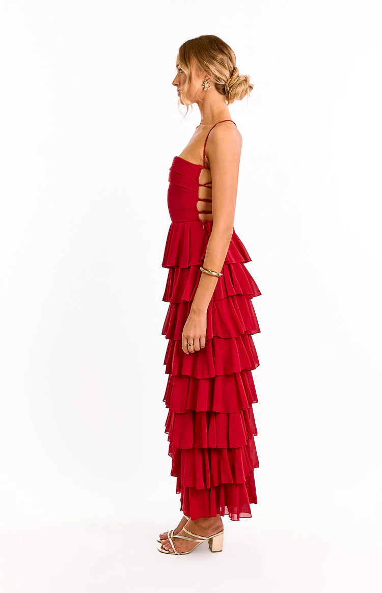 Kim Red Strapless Ruffle Maxi Dress
