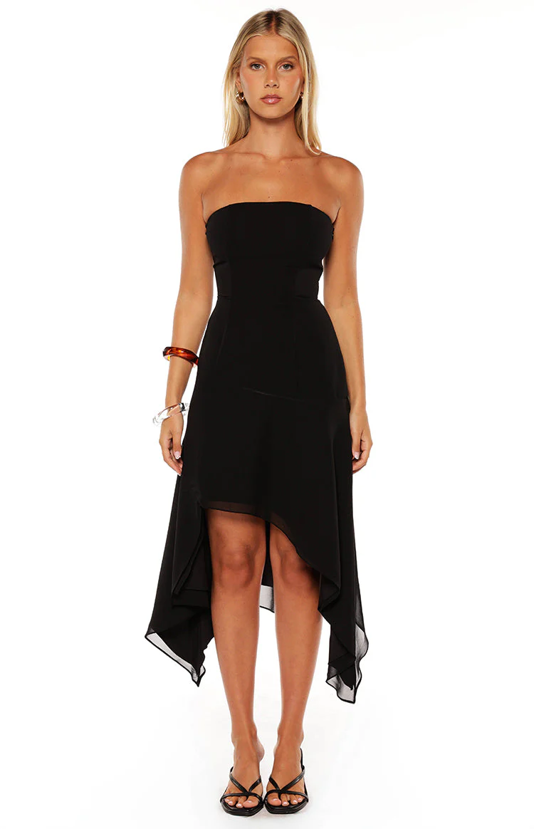 Jannah Black Strapless Hanky Hem Midi Dress - PRE ORDER