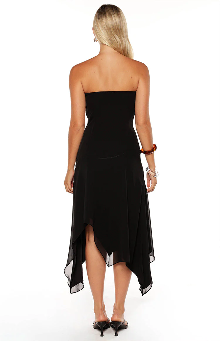 Jannah Black Strapless Hanky Hem Midi Dress - PRE ORDER