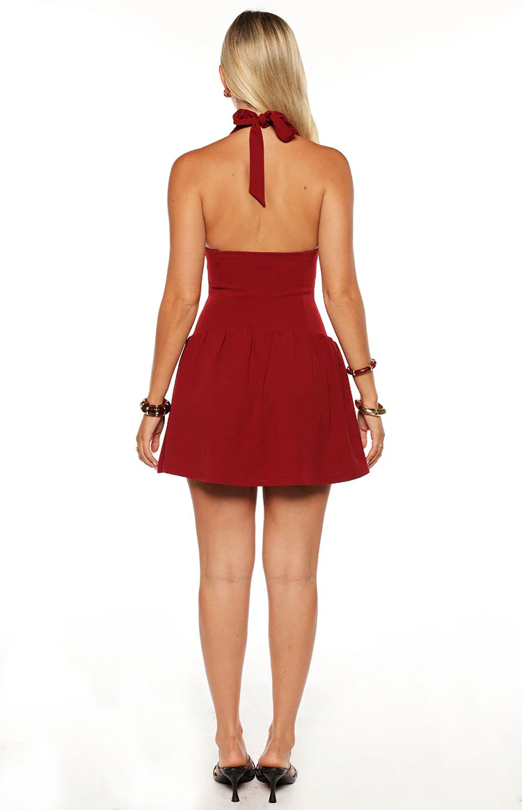 Alice Burgundy Halter Neck Mini Dress
