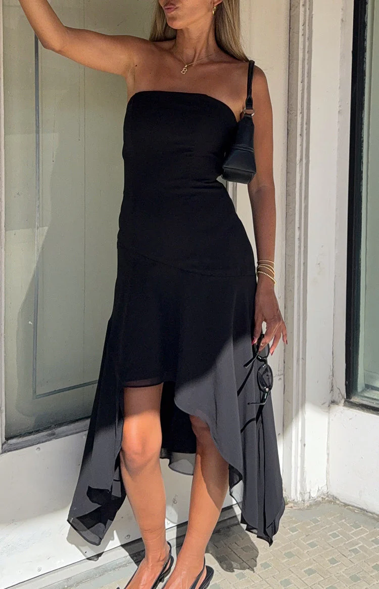 Jannah Black Strapless Hanky Hem Midi Dress - PRE ORDER